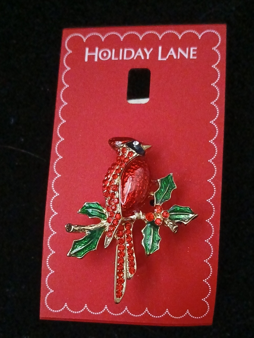 Macy's Red Cardinal Holiday Brooch with Green Holly Accents